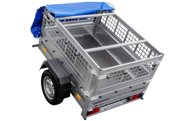 Remorcă auto 150x106 UNITRAILER GARDEN 150 KIPP cu laterale din plasă și prelată albastră