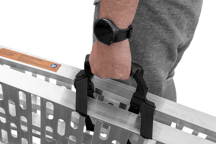 Rampe pliabile UNITRAILER ALR003 rampe din aluminiu pentru remorci 221cm 680kg cu centură și suport, set de 2