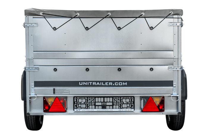 Remorcă auto cu o singură axă 230x125 cm Remorcă de grădină 230 KIPP [cu pereți laterali suplimentari, prelată plată, bare de susținere a prelatei și roată de manevră