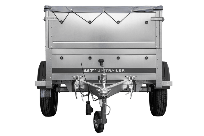 Remorcă auto 150x106 UNITRAILER GARDEN 150 KIPP cu laterale BIS, cadru H-0 și prelată gri