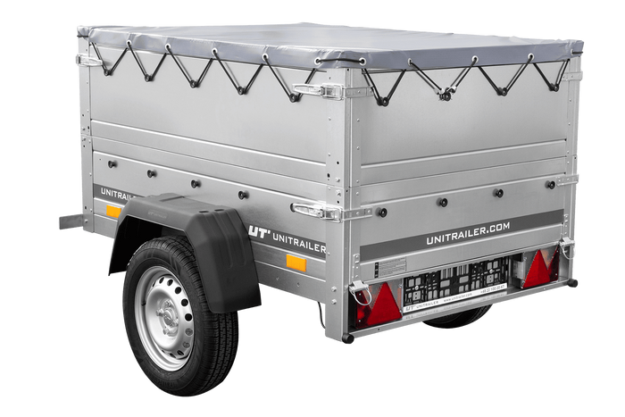 Remorcă auto 150x106 UNITRAILER GARDEN 150 KIPP cu laterale BIS, cadru H-0 și prelată gri