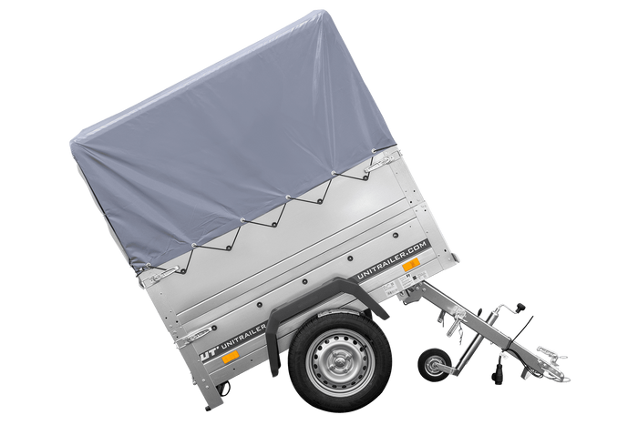 Remorcă cu o singură axă 150x106 UNITRAILER GARDEN 150 KIPP cu laterale BIS, cadru H-800 și prelată gri