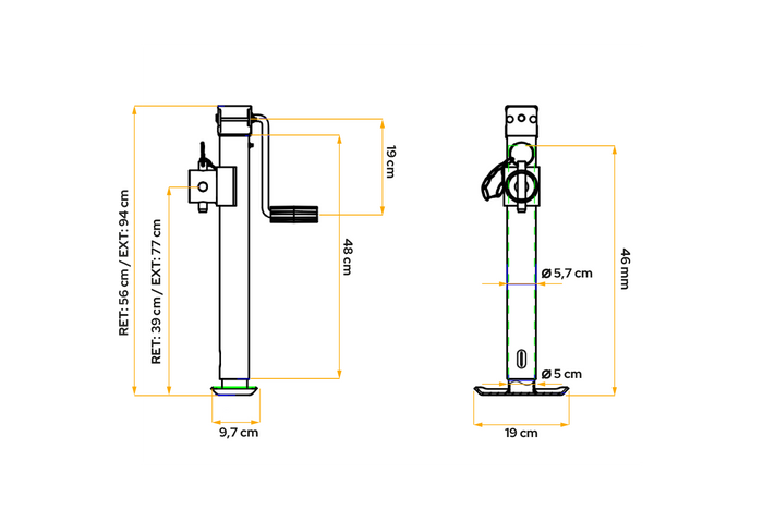 Suport extensibil cu adaptor UNITRAILER TJ5002+TJ5002A pentru remorcă platformă 1300 kg 560-940 mm