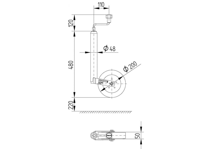 Roată de susținere KNOTT TK48 150 kg 48 mm 480-700 mm